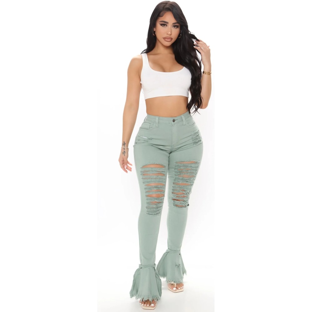 Fashion‎ Nova Fray What You Mean Sage Distressed Flare Jeans Size 11 NWT Y2K